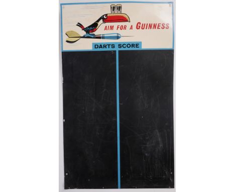 Enamel sign, Guinness darts scoreboard. A toucan flying on a dart carrying two pints of Guinness above a darts scoreboard. 30