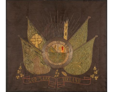 Irish nationalist needlework panel 'Erin go Bragh'. A mid19th century silk & bullion needlework panel, centred by the emblems