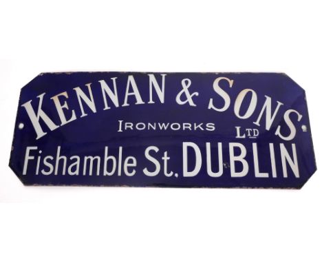 Kennan and Sons, Ironworks, Dublin enamel sign. A rectangular enamel sign the navy ground with white text, 'Kennan & Sons - I