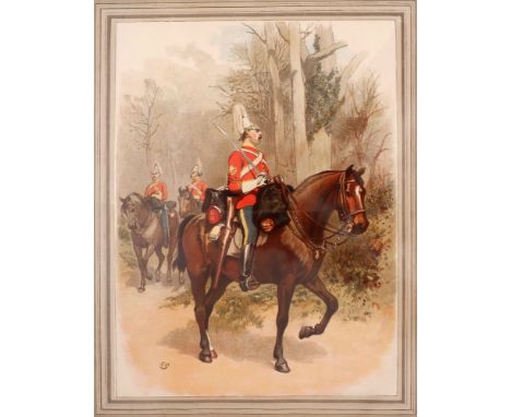 19th century 6th Inniskilling Dragoons, study of a sergeant in marching order. A chromolithograph, after a drawing by Charles