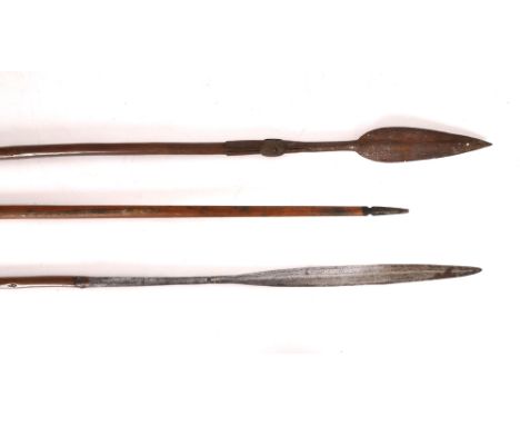 19th century Southern African spears. Two hunting spears of typical assegai form; together with a hunting bow. The longer spe