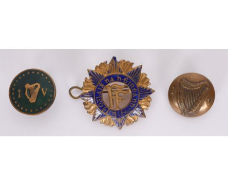 Irish nationalist badges A brass and enamel Irish Volunteers lapel badge by P Quinn, Belfast; an Irish army Staff Officer's g