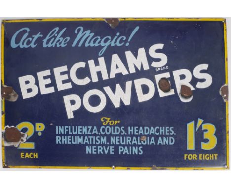 Enamel advertising sign for Beechams Powders A navy enamel sign with sky-blue, yellow and white text, 'Act like magic! - Beec