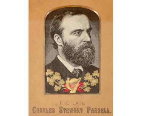 1880s Charles Stewart Parnell, a Stevengraph portrait. A portrait of Parnell with a spray of shamrock and a Maid-of-Erin harp