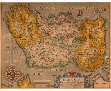 17th century, Hiberniae, Map of Ireland by William Camden Hiberniae Ireland Anglis Yvrndon Britannis Erin incolis... A hand-c