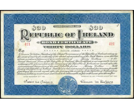 1921 Republic of Ireland Thirty Dollar Bond 15 November 1921, numbered 421, issued to Patrick Aylward, with printed signature