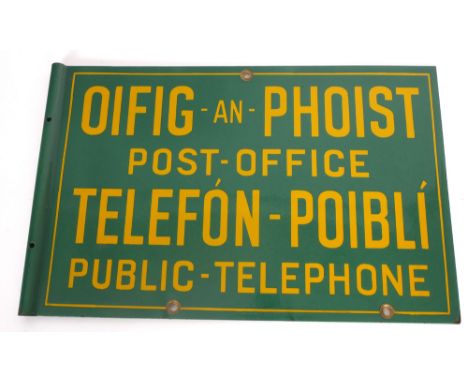 Oifig an Phoist, Post Office, enamel sign. A two-sided enamel sign, the green background with yellow text, 'Oifig an Phoist -