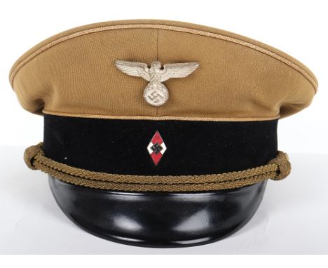 Third Reich Hitler Youth Generals Peaked Cap, light tan cloth body with black velvet central band. Gold bullion wire piping t