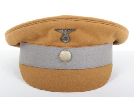 Early Third Reich Peaked Cap, light tan wool peaked cap with blue / grey central band. Early pattern NSDAP eagle and single p