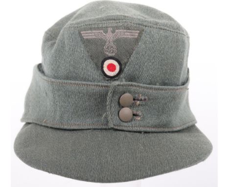 Privately Tailored German Army M-43 Pattern Field Cap, lightweight field grey cloth cap with two button front. Bevo one piece