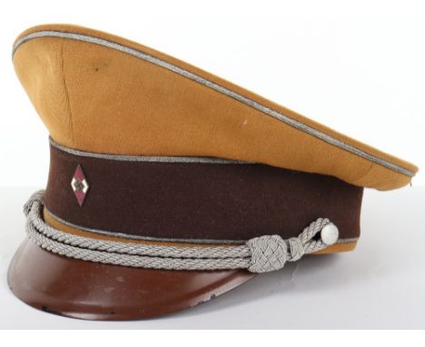 Hitler Youth Leaders Peaked Cap, tan cloth cap with brown wool central band having enamel Hitler Youth diamond to the centre.