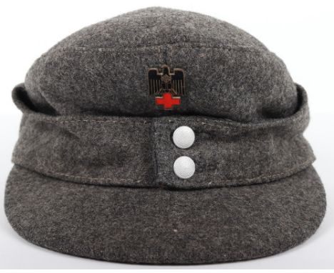 Third Reich Deutsche Rotes Kreuz (D.R.K) Enlisted Ranks M-43 Field Cap, blue / grey wool cap with two button front. Enamel Ge
