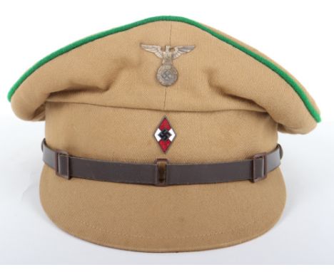 Early Pattern Hitler Youth Peaked Cap, light tan cloth peaked cap with green piping to the crown. Early pattern short winged 