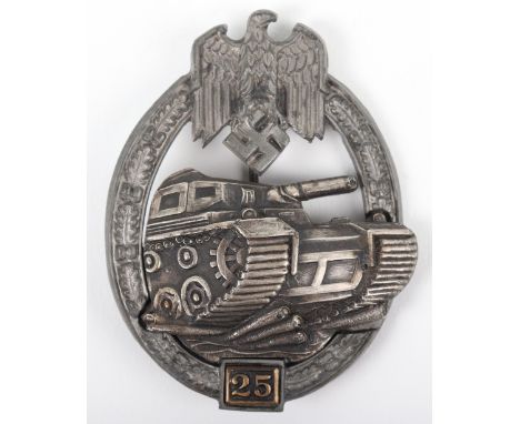 German Army (Heer) / Waffen-SS Panzer Assault Badge for 25 Engagements, silver grade two piece example. Complete with thin ne