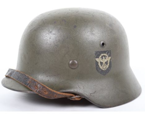 Double Decal Police M-35 Combat Helmet, apple green paint to the exterior and interior of the shell. Police pattern decal and