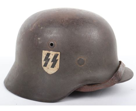 Waffen-SS Double Decal M-35 Steel Combat Helmet, good combat worn steel helmet with dark field grey paint finish. To one side