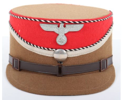 Third Reich SA Kepi, brown cloth example with red felt top section. Black and white twist cord piping and thin section of bro