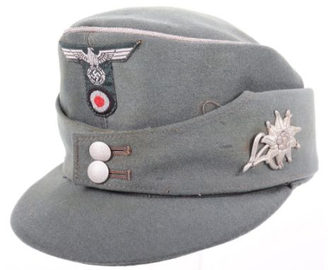 German Army Mountain Troops Officers Bergmutze, fine doeskin wool in field grey with two pebbled button front. Metallic wire 