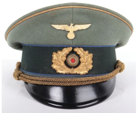 German Army Medical Generals Peaked Cap, fine high form green wool peaked cap with gold aluminium piping to the crown and blu