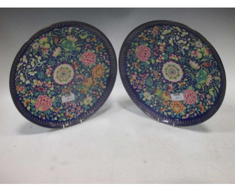 A pair of Cloisonné plates, the blue ground decorated with peonies, 30cm diameter