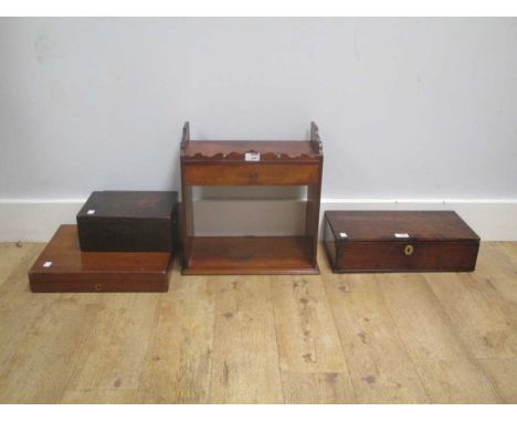 An Edwardian mahogany wall shelf with a shaped gallery top and single drawer 40 x 39 x 22cm together with an oak canteen box 