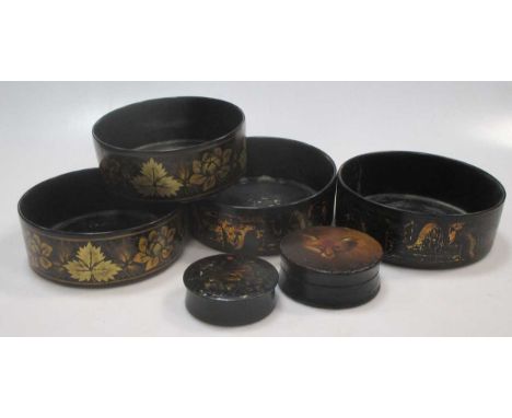 Two pairs of black lacquer Regency coasters together with two patch boxes (6)