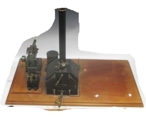 Stuart model beam engine with black furnace and painted copper cylinder tank, on a wooden base board, approx 59cm high