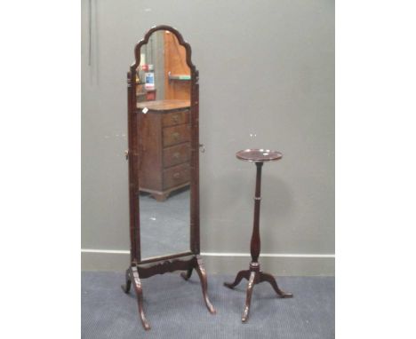 A Cheval Mirror, together with two maple framed mirrors, and a mahogany torchere with tripod base