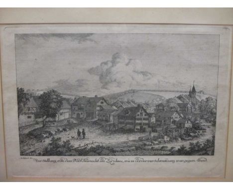 Three 19th century Swiss coloured aquatint scenic views, a pencil drawing and one other print (5)