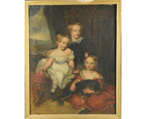 Portrait of John, Annabella and Augusta Annesley, all seated full length in a high back chair with King Charles Spaniel signe