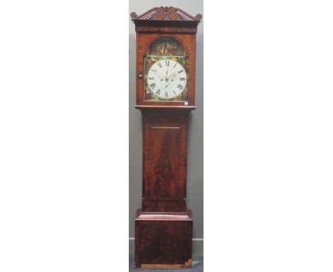 Davidson; Beith A mahogany longcase clock, the eight day striking movement with painted dial, decorated with Cotters Saturday