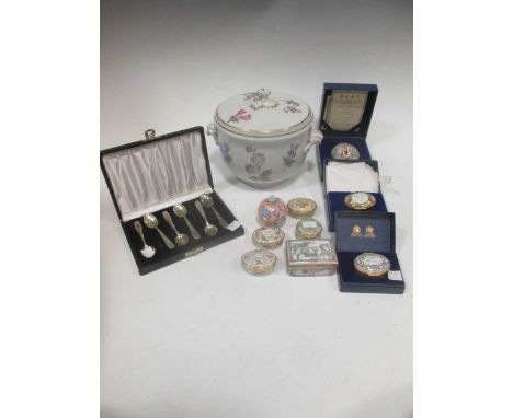 A group of 8 Halcyon Days enamel boxes, miniature Herend por pourri pot, Herend ice pail and cover, and six 'sterling' teaspo