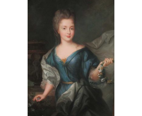 Portrait of a lady in blue, beside an urn, holding a wreath of flowers, varnished reproduction print on canvas, 119 x 93cm fr