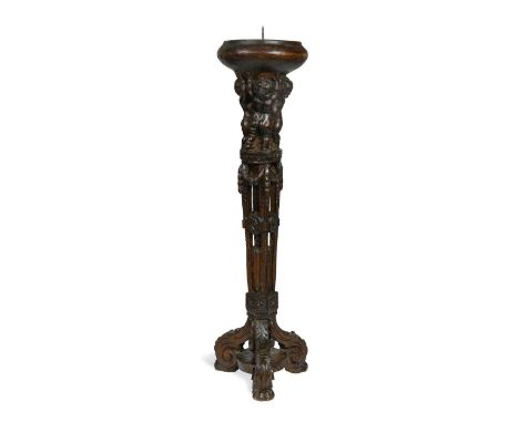 the top supported on three stretching putti, over central column adorned with swags and raised on a tripod base 63cm high