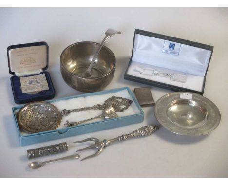 A silver bowl, armada dish, money clip and key ring together with a pickle fork with filled handle, 9.2ozt weighable silver, 