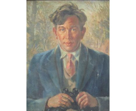 George Herbert Buckingham Holland (British, 1901-1987) Portrait of a young man holding binoculars, oil on canvas