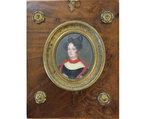 Jacques-Joseph-Génie Vidal (French, 1795–1850), Portrait miniature of a lady in a black dress, signed centre right 'Vidal 182