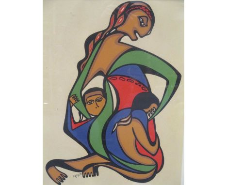 Daphne Odjig, Untitled Mother and children, serigraph, signed and dated 1970 54 x 41cm