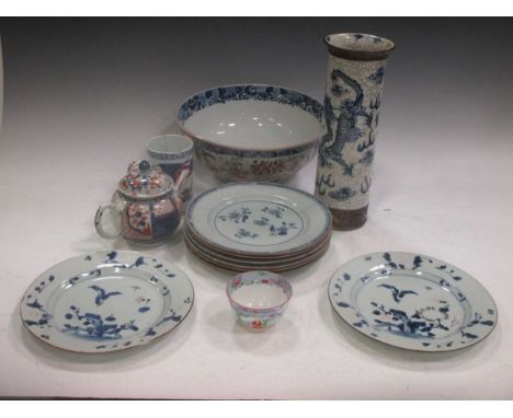 A pair of blue and white Nanking cargo plates, together with various other Chinese ceramics to include an export punch bowl, 