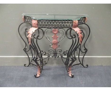 A Wrought iron console with glass top, 76 x 96x 44cm; glass top: 87 x 41cm