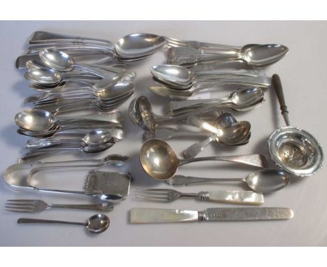 A collection of assorted silver flatware, 56.6ozt, together with a silver tea strainer and a pair of silver and mother of pea