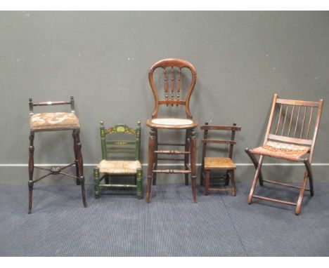 A Victorian correction chair together with a small folding chair, child's stool, a green painted child's chair and a childs s