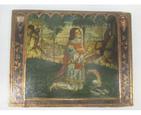 An Italianate overpainted print of a praying soldier, in the Mediaeval style, 20 x 25.5cm