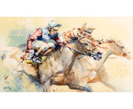 Peter Curling (b.1955)The Last Furlongwatercolour signed lower left 30½ x 53½cm (12 x 21in)Provenance: Private CollectionPete