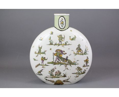 Antique Continental Faience Moon Flask, painted with a musician and comical vignettes, approx 39 cms h.