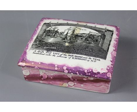 Antique Lustreware Grays Pottery trinket box, depicting a 'South east view of the iron bridge over the Wear', approx 13 x 11 