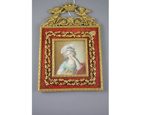 Circa 1860 French School portrait miniature, presented in a gilt ormolu frame, approx 8 x 9 cms.
