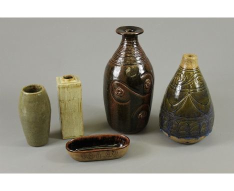 Five Studio Pottery Pots and Vases, with various glazed finishes, approx 29, 19, 17, 15 cms respectively, all signed R. Higgs