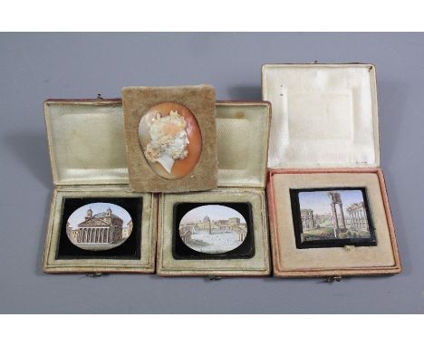 Italian Micro-Mosaic tile, depicting an aerial view of Rome approx 40 x 30 mm, another tile depicting Roman ruins and another