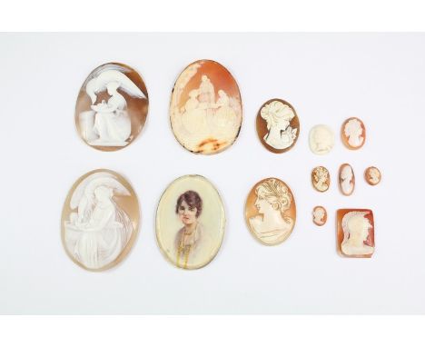 A quantity of antique shell cameo, together with a portrait miniature on ivory depicting a young woman.&nbsp;